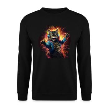 Wilde Katze Hört Musik - Unisex Pullover - Schwarz - Vorne - Alina (178cm) & Michal (187cm)