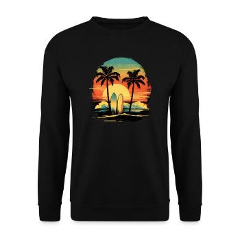 Strand Palmen Retro Surfen Wasser Sonnenuntergang - Unisex Pullover - Schwarz - Vorne - Alina (178cm) & Michal (187cm)