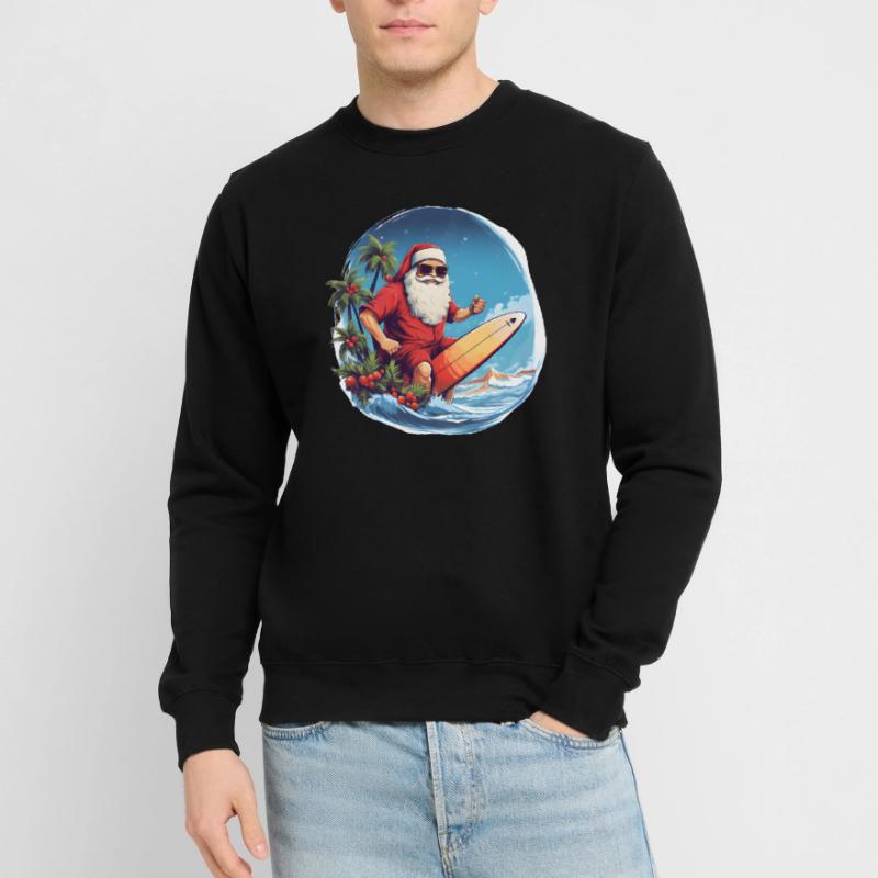 Santa oder Weihnachtsmann mit Brille am Surfen Unisex Pullover