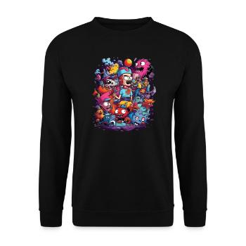 Cartoon Figuren Monster Mensch Tiere Bunt - Unisex Pullover - Schwarz - Vorne - Alina (178cm) & Michal (187cm)
