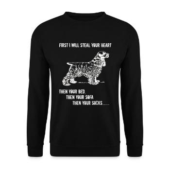 Spaniel Zuerst werde ich dein Herz stehlen - Unisex Pullover - Schwarz - Vorne - Alina (178cm) & Michal (187cm)