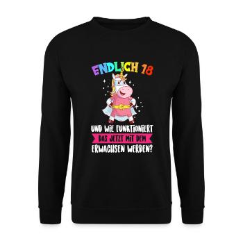 18 Geschenke Mädchen Junge 18. Geburtstag Spruch - Unisex Pullover - Schwarz - Vorne - Alina (178cm) & Michal (187cm)