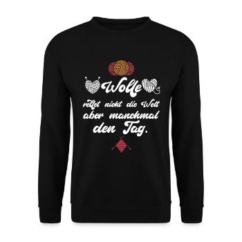 Wolle rettet manchmal den Tag. Häkeln Stricken - Unisex Pullover - Schwarz - Vorne - Alina (178cm) & Michal (187cm)