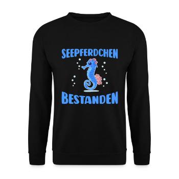 Seepferdchen bestanden Schwimm Abzeichen Kinder - Unisex Pullover - Schwarz - Vorne - Alina (178cm) & Michal (187cm)