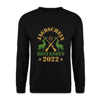 Jagen Jagdschein bestanden 2022 Hirsch Jäger - Unisex Pullover - Schwarz - Vorne - Alina (178cm) & Michal (187cm)