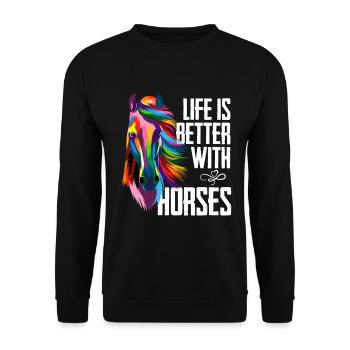 Das Leben ist besser mit Pferden - Unisex Pullover - Schwarz - Vorne - Alina (178cm) & Michal (187cm)