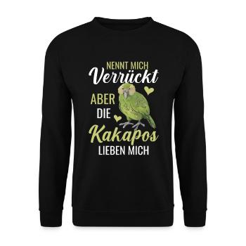 Die Kakapos lieben mich Papagei - Unisex Pullover - Schwarz - Vorne - Alina (178cm) & Michal (187cm)