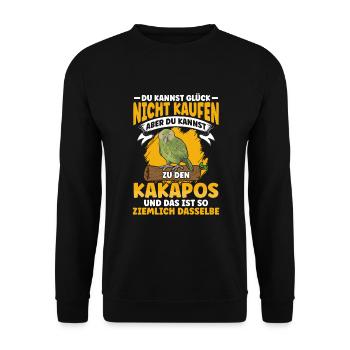 Kakapos Glück Spruch Papagei - Unisex Pullover - Schwarz - Vorne - Alina (178cm) & Michal (187cm)