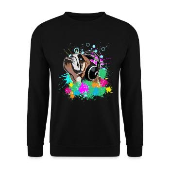 Englische Bulldogge mit Kopfhörern - Unisex Pullover - Schwarz - Vorne - Alina (178cm) & Michal (187cm)