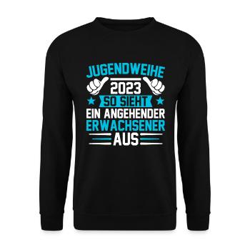 Jugendweihe 2023 ein angehender Erwachsener - Unisex Pullover - Schwarz - Vorne - Alina (178cm) & Michal (187cm)