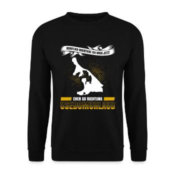 Beruflich Orientiere Ich Mich Nach Usedomurlaub - Unisex Pullover - Schwarz - Vorne - Alina (178cm) & Michal (187cm)