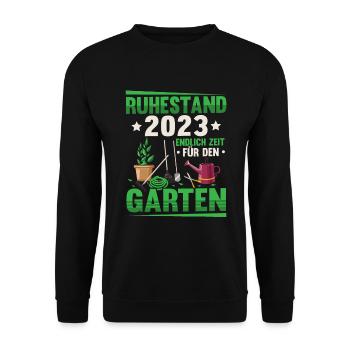 Rentner 2023 Zeit für den Garten Rente - Unisex Pullover - Schwarz - Vorne - Alina (178cm) & Michal (187cm)