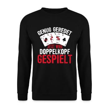 Jetzt wird Doppelkopf gespielt Kartenspiel - Unisex Pullover - Schwarz - Vorne - Alina (178cm) & Michal (187cm)