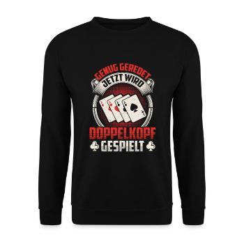 Jetzt wird Doppelkopf gespielt - Unisex Pullover - Schwarz - Vorne - Alina (178cm) & Michal (187cm)