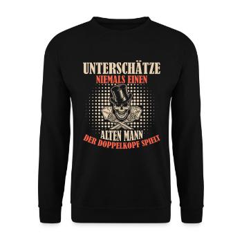 Doppelkopf unterschätze niemalsl - Unisex Pullover - Schwarz - Vorne - Alina (178cm) & Michal (187cm)