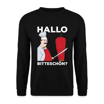 Hallo Bitteschön? Döner Kebab Geschenk - Unisex Pullover - Schwarz - Vorne - Alina (178cm) & Michal (187cm)
