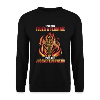 Ich Bin Feuer & Flamme Für Die Jugendfeuerwehr - Unisex Pullover - Schwarz - Vorne - Alina (178cm) & Michal (187cm)