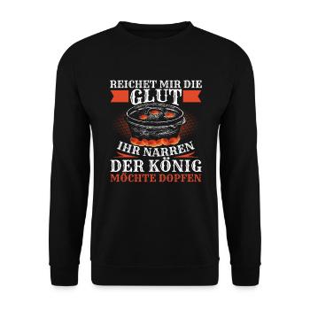 Reichet mir die Glut Dutch Oven Dopfen - Unisex Pullover - Schwarz - Vorne - Alina (178cm) & Michal (187cm)