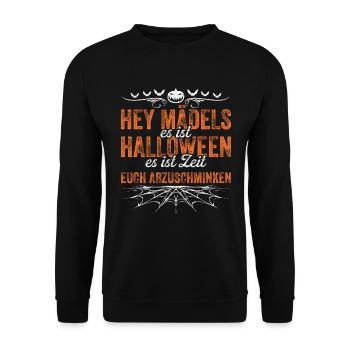 Hey Mädels Es Ist Halloween Es Ist Zeit Euch Abzus - Unisex Pullover - Schwarz - Vorne - Alina (178cm) & Michal (187cm)