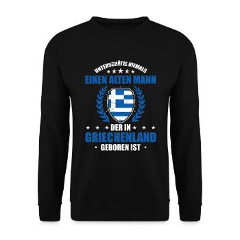Unterschätze Niemals Einen Alten Mann Der In Griec - Unisex Pullover - Schwarz - Vorne - Alina (178cm) & Michal (187cm)
