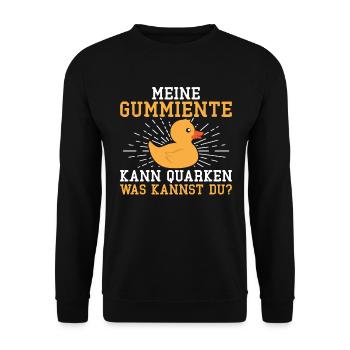 Meine Gummiente kann Quarken Badeente - Unisex Pullover - Schwarz - Vorne - Alina (178cm) & Michal (187cm)