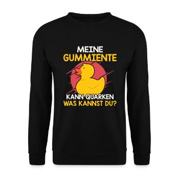 Meine Gummiente kann Quarken Badeente - Unisex Pullover - Schwarz - Vorne - Alina (178cm) & Michal (187cm)
