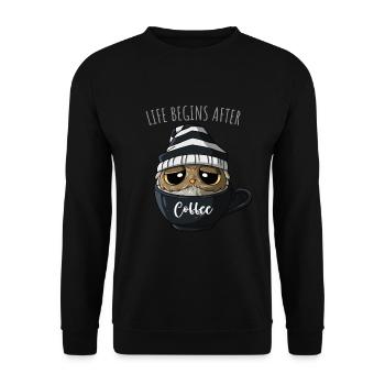 Spruch Kaffeeliebhaber Kaffeetrinker Kaffee Eule - Unisex Pullover - Schwarz - Vorne - Alina (178cm) & Michal (187cm)
