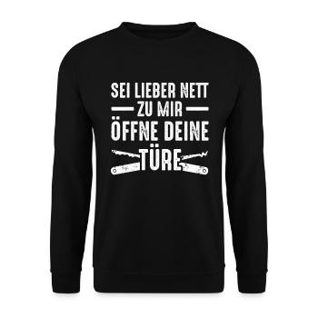 Sei Lieber Nett Zu Mir Öffne Deine Türe - Unisex Pullover - Schwarz - Vorne - Alina (178cm) & Michal (187cm)