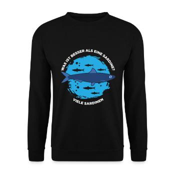 Was ist besser als eine Sardine? Viele Sardinen - Unisex Pullover - Schwarz - Vorne - Alina (178cm) & Michal (187cm)