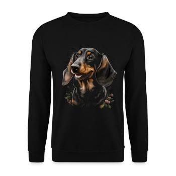 Dackelhund Hund und Blumen - Unisex Pullover - Schwarz - Vorne - Alina (178cm) & Michal (187cm)