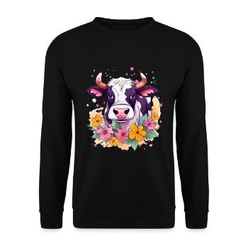Kuh und Blumen - Unisex Pullover - Schwarz - Vorne - Alina (178cm) & Michal (187cm)