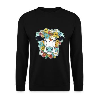 Kuh und Blumen - Unisex Pullover - Schwarz - Vorne - Alina (178cm) & Michal (187cm)