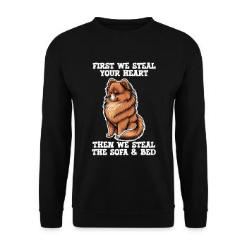 Pommerscher Hund zuerst stehlen wir dein Herz - Unisex Pullover - Schwarz - Vorne - Alina (178cm) & Michal (187cm)