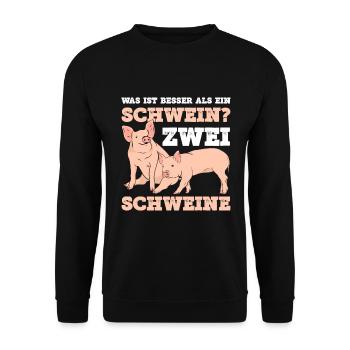 Was ist besser als ein Schwein? Zwei Schweine - Unisex Pullover - Schwarz - Vorne - Alina (178cm) & Michal (187cm)