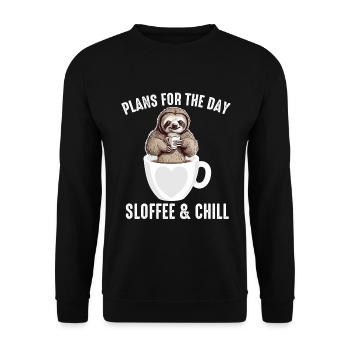 Faultier-Kaffeepläne für den Tag Sloffee und Chill - Unisex Pullover - Schwarz - Vorne - Alina (178cm) & Michal (187cm)