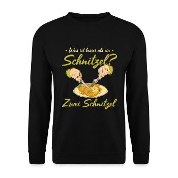 Was ist besser als ein Schnitzel? Zwei Schnitzel G - Unisex Pullover - Schwarz - Vorne - Alina (178cm) & Michal (187cm)