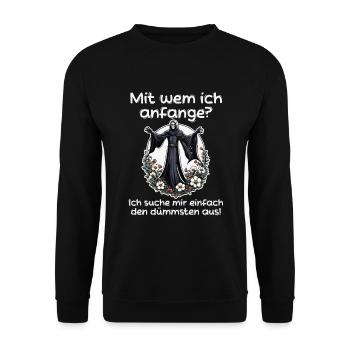 Mit wem ich anfange? - Sensenmann Illustration - Unisex Pullover - Schwarz - Vorne - Alina (178cm) & Michal (187cm)