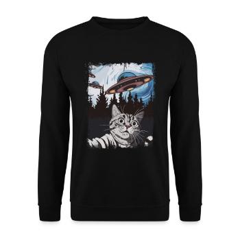 Lustige Katze Selfie UFO Grafik - Unisex Pullover - Schwarz - Vorne - Alina (178cm) & Michal (187cm)