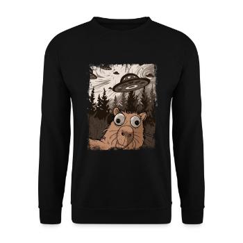 Lustige Capybara Selfie Ufo Grafik - Unisex Pullover - Schwarz - Vorne - Alina (178cm) & Michal (187cm)