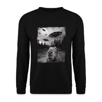 Lustige Capybara Selfie Ufo Grafik - Unisex Pullover - Schwarz - Vorne - Alina (178cm) & Michal (187cm)