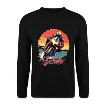 Motorrad. Biker im Retrolook. Rennen. - Unisex Pullover - Schwarz - Vorne - Alina (178cm) & Michal (187cm)