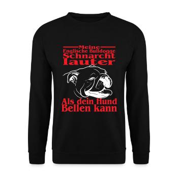 Meine Englische Bulldogge Schnarcht - Dogge Spruch - Unisex Pullover - Schwarz - Vorne - Alina (178cm) & Michal (187cm)