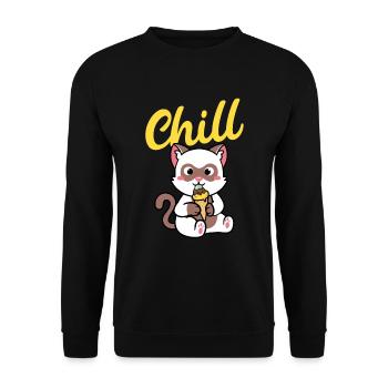 Coole Kawaii Katze Retro Sommer Design Chill - Unisex Pullover - Schwarz - Vorne - Alina (178cm) & Michal (187cm)