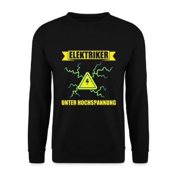 Elektriker unter Hochspannung - lustiges Wortspiel - Unisex Pullover - Schwarz - Vorne - Alina (178cm) & Michal (187cm)