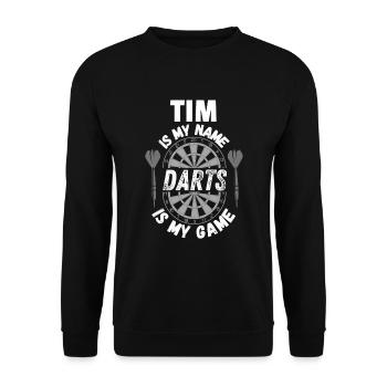 Personalisiertes Dart-Shirt-Design für Dartspieler Tim - Unisex Pullover - Schwarz - Vorne - Alina (178cm) & Michal (187cm)