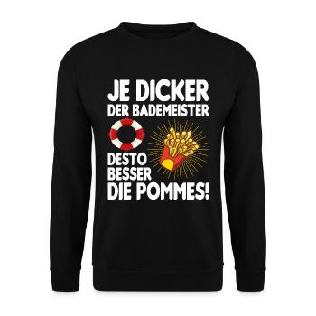 Bademeister Pommes Freibad Rettungsschwimmer - Unisex Pullover - Schwarz - Vorne - Alina (178cm) & Michal (187cm)