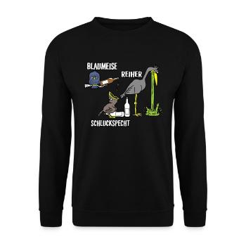 Blaumeise Reiher Schluckspecht - Unisex Pullover - Schwarz - Vorne - Alina (178cm) & Michal (187cm)