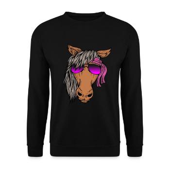 Pferdekopf Zeichnung mit Sonnenbrille - Unisex Pullover - Schwarz - Vorne - Alina (178cm) & Michal (187cm)
