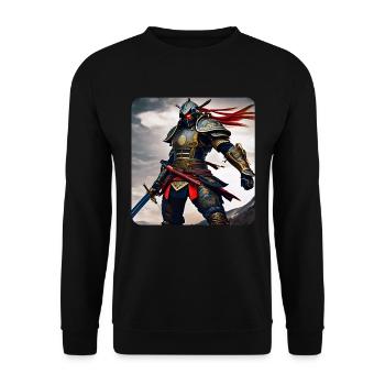 Stolzer Cyborg Samurai mit Tattoo Japan Asia Ninja - Unisex Pullover - Schwarz - Vorne - Alina (178cm) & Michal (187cm)