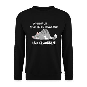 Mich hat ein Nickerchen angegriffen - Unisex Pullover - Schwarz - Vorne - Alina (178cm) & Michal (187cm)